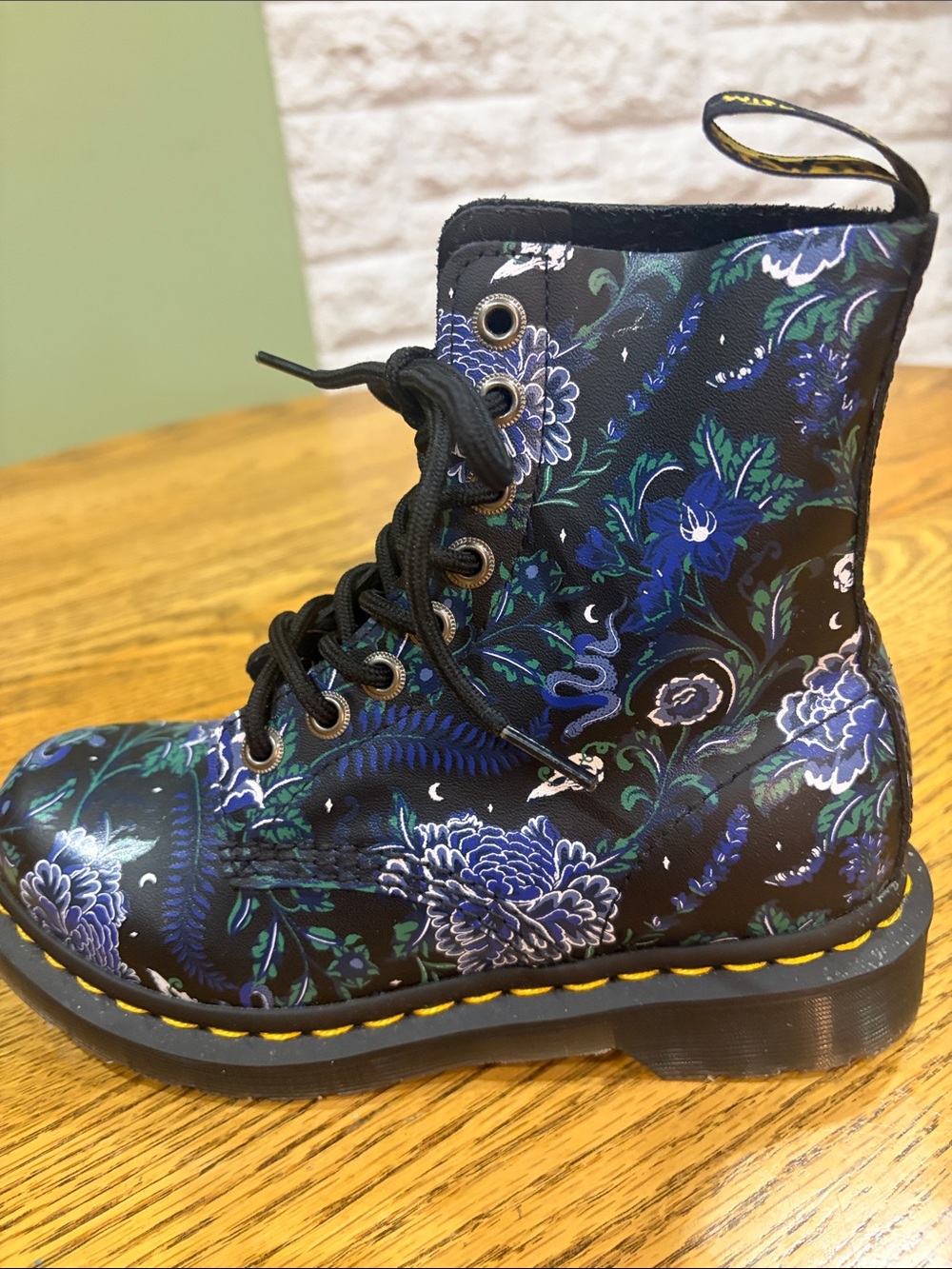 Left Foot Only. Dr. Martens Black Lace-Up Boots with Blue & Green Floral Print